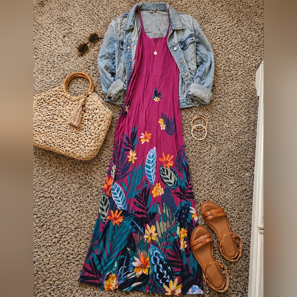 Old Navy Magenta Tropical Floral Maxi Dress